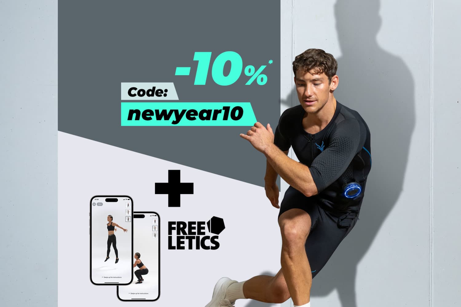 Een gespierde man traint met het EMS-pak van Antelope. Hij maakt zijwaartse sprongen voor een muur. Achter hem staat “-10%* - Code: newyear10” + Freeletics. Naast het Freeletics-logo zie je twee Freeletics-app-schermen.